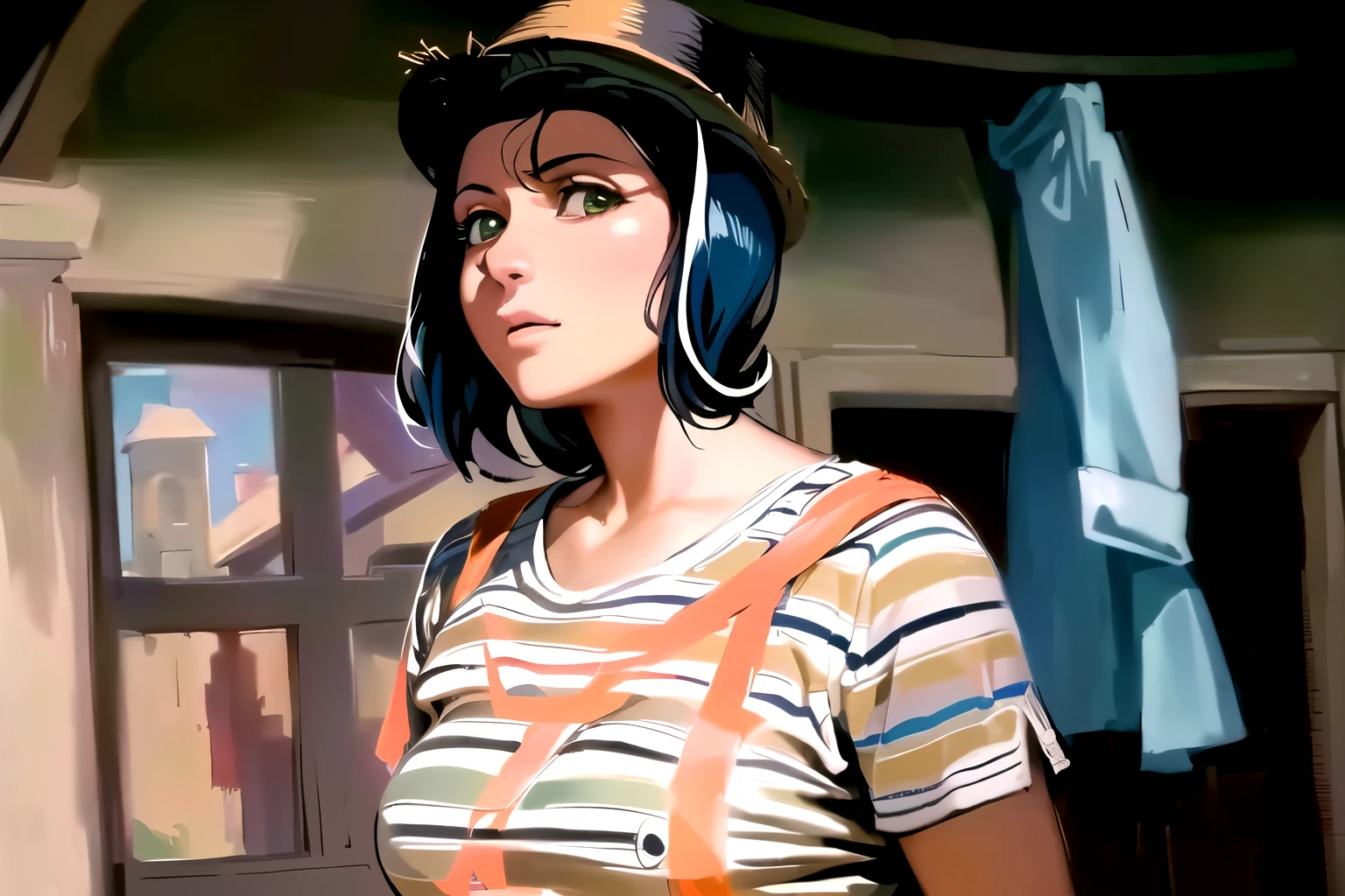 there is a woman wearing a hat and a striped shirt, o Chaves, o Chaves del ocho, Dom Ramon, pintado digitalmente, pintura digital de desenho animado, tony sart altamente detalhado, pintura digital fosca, jogar fora, Nicholas Cage como Monkey D Luffy, Leonida, arte digital, mas foto, retrato da pixar weta, pintado digitalmente, inspirado em Max Klinger