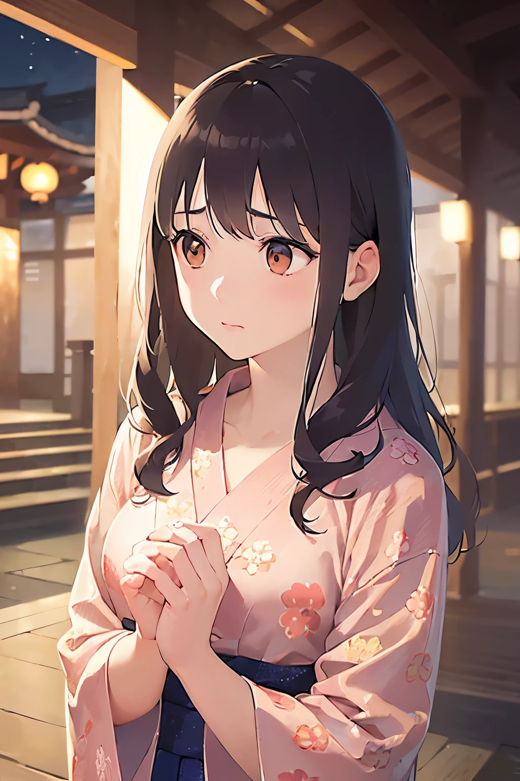 (looking away:1.5), Shooting from below、Biologically correct five fingers、A close-up of your face、Realistic, real person, (pale skin: 1.2), RAW photo, photorealistic, shiny skin, shiny hair、(25 year old woman with bangs) and (wavy hair) and (brown hair) and (orange eyes) , (yukata) and (pink) and (Floral patterns)、(sad:1.3), The background is a Japanese park at night、Alone、Are standing