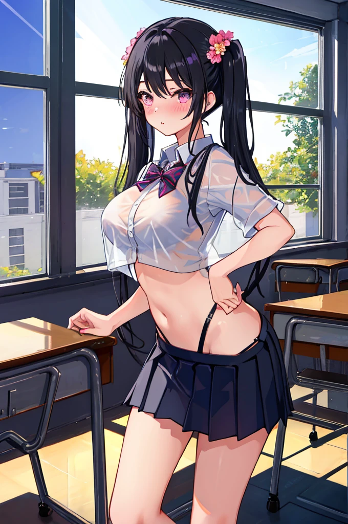A girl,twintails,Long hair,Black Hair,((transparent)),shirt,Towering breasts,Slim waist,Showing belly,Pleated Skirt,Smooth legs,blush,classroom,Floral hair ornaments,Sexy Lingerie,
