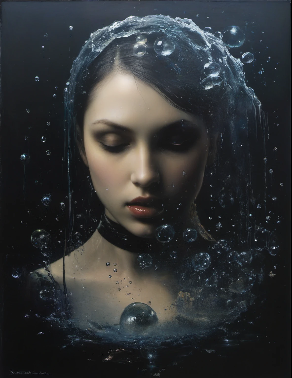 James Gurney, Surrealist art , dream-like, Mysterious, Provocative, symbolic, Complex, detailed,, (Gothic but very beautiful:1.4), (masterpiece, highest quality:1.4) , Nicola Samori Style, siren 、Water bubbles