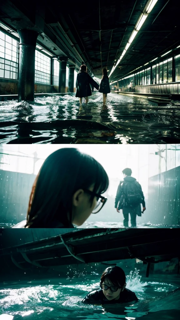 In the water,subway,moss,Showa,Collapse,Devastation,Inside the ruins,Glasses,Women,adventure,Black and White,