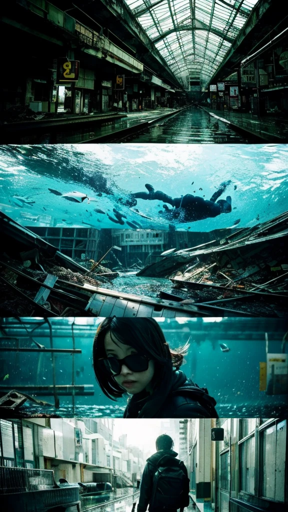 In the water,subway,moss,Showa,Collapse,Devastation,Inside the ruins,Glasses,Women,adventure,Black and White,