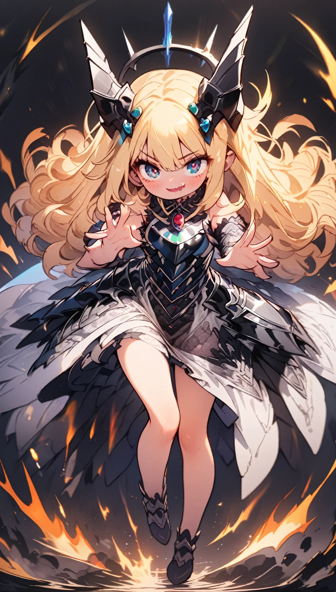 masterpiece, best quality, extremely detailed, high resolution, Japanese anime,1girl, blonde hair, (medium length hair:1.4), side braid hair, curly hair, wavy hair, drill hair, curl outward hair, dragon horn, mechanical wing, (vampire:1.2), (blue eyes:1.5), (beautiful detailed eyes:1.4), laugh, 130cm tall, original character, fantasy, (black background:1.2), (full body:1.8), beautiful fingers, standing, (silver black lace frill armor dress:1.5), (bejeweled headgear:1.5) , shoot from front, looking at viewer
