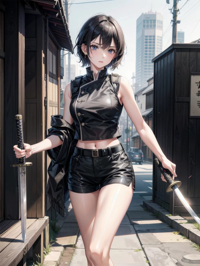 whole body, japanese sword, Black military uniform, Ladies' military vests, absurdres, RAW photo, extremely delicate and beautiful, masterpiece, Best Quality, ultra high resolution, 32k, hyperrealistic, ultra-detailed, tearful mole, earring, short medium hair, wavy hair, urban backdrop, shorts, midriff, 