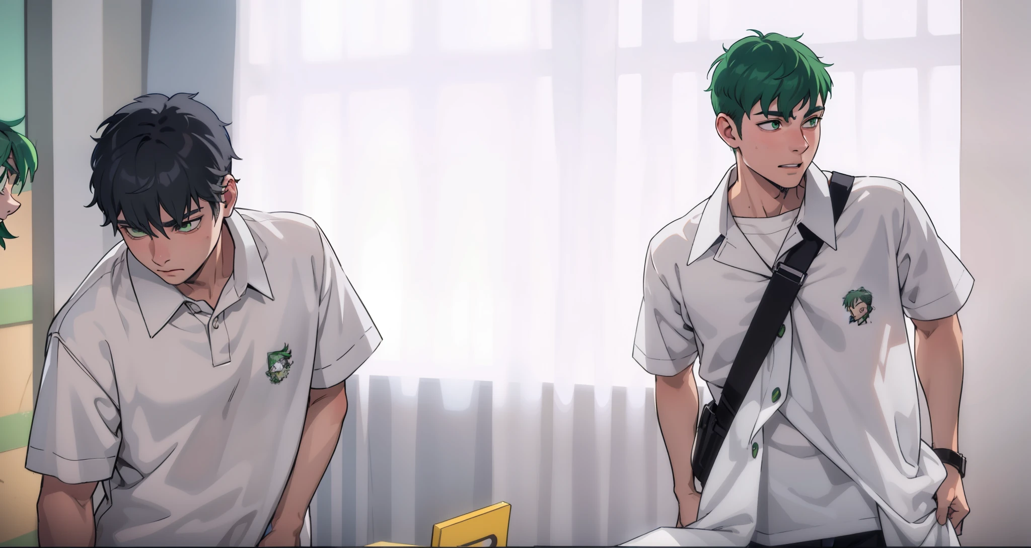 There are two boys at school, they are 17 years old, one has gray hair and the other has green hair, they are somewhat sad, they are talking.
