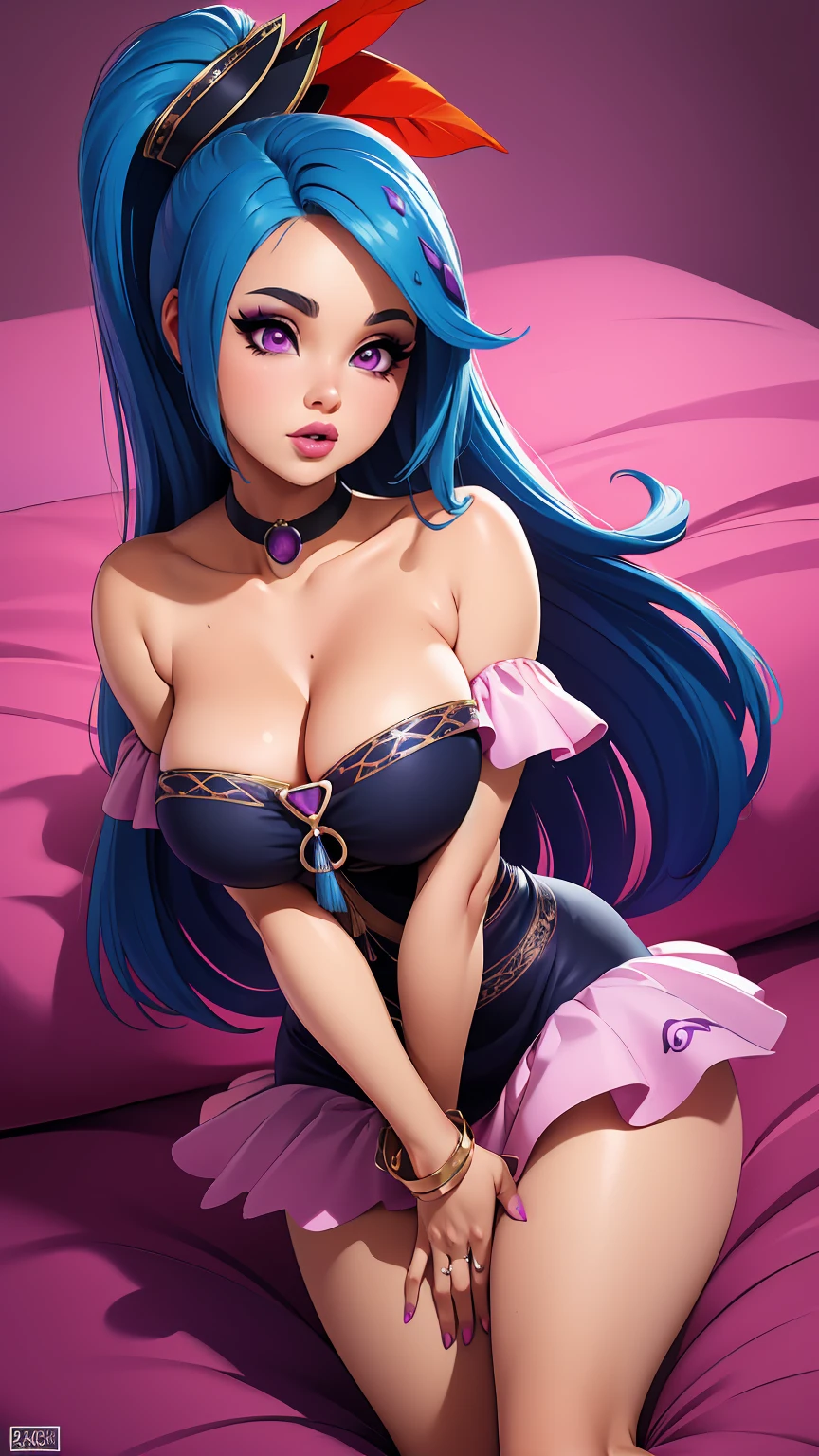 ((high detailed, best quality, 4k, masterpiece, hd:1.3)), ((best quality)), (((HD))), (((8k))), (ultraDH), (ultra HD), purple eyes, BREAK purple eyes, seductive, attractive, smooth anime cg art, 36C breasts, long legs, vivid colors, slim body, perfect skin, blue hair, long hair, light hair, blue hair, cleavage, 36C cleavage, looking at viewer, BREAK looking at viewer, extremely detailed face, earrings, gem, dark pink makeup lips, dark gothic eyeshadows, dark eyeshadows, white eyeshadows, pink sexy lips, dark lips, very dark lips, (perfect hands, perfect anatomy), light makeup, pink medium lips, pink thick lips, detailed fingers, five fingers per hand, 5 fingers, (1 girl), detailed lips, detailed pink lips, pink painted lips, gothic painted lips, (breast focus), (arms outstreched:1.2), (from above:1.1), (breasts out:1.3), (off shoulder:1.1),