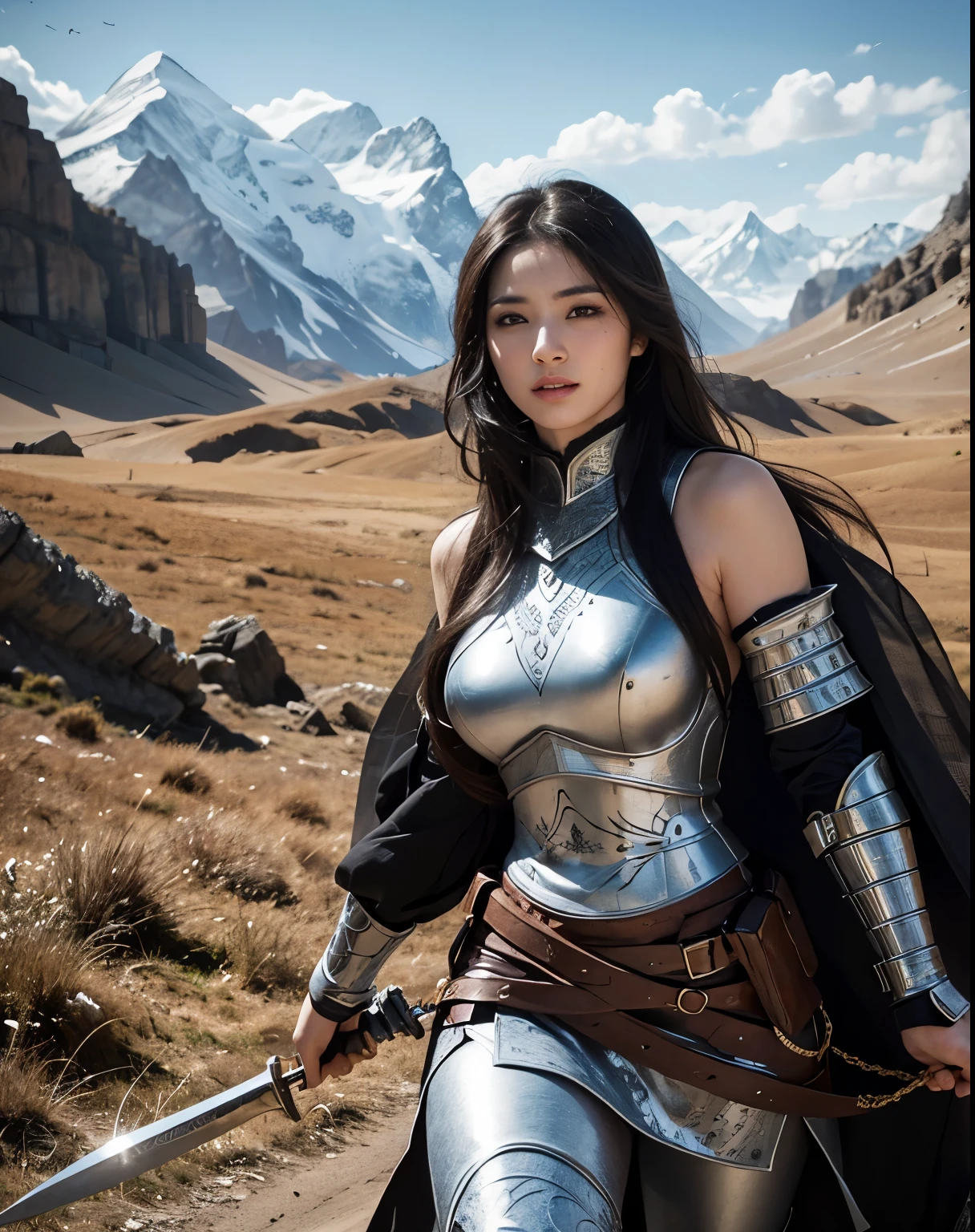 Arafed woman in armor with sword and shield in a field - SeaArt AI