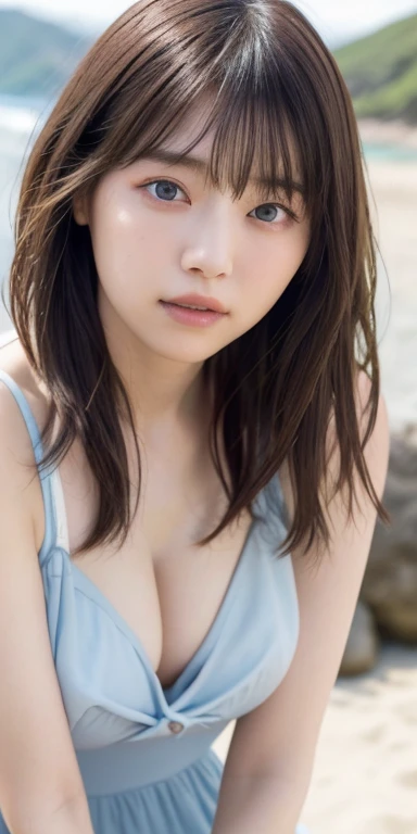 masterpiece, highest quality, 8k,Ultra-high resolution、Head to knee photo、 20th Generation, Large Breasts, cute, alone, sad, cute, Girlish, cute、Delicate girl, Pure beauty, RAW Photos, Professional photography, Soft Light, Professional Lighting, Outdoor、Midsummer sky、Cumulonimbus、sun、Backlight,Sandy Beach、Ocean, avert your eyes, Sophisticated, Film Grain, (Eye and facial details:1.0), Floating Hair、Messy Hair、Wavy long hair、Asymmetrical bangs, Round face、Young Face、(Large Breasts:1.0)、Nipple protrusions are clearly visible,、Cleavage、Grayish light blue off-shoulder corset dress、Voluptuous thighs、Translucent white skin、dolly make、Thin lips、Close your mouth、(Odd Eye、Heterochromia iridis、The irises of each eye are different colors)