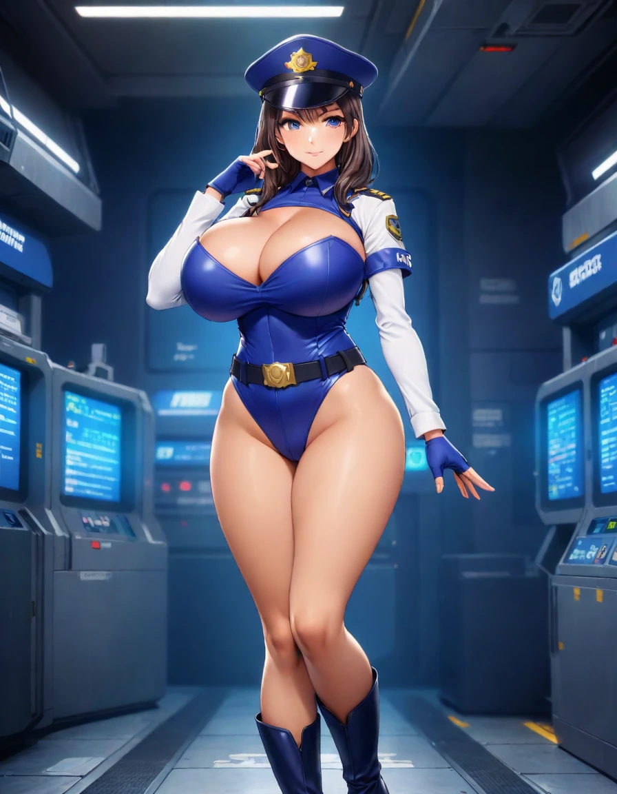 (masterpiece), (best quality), (high res),1girl, tall body, beautiful detailed eyes, beautiful detailed face, cute face, perfect hands, complete fingers, perfect anatomy, perfect proportions, ((hat, dark blue police hat)), ((leotard, matching leotard, bare legs)), ((boots, matching boots)), gigantic breasts, pantyhose, fingerless gloves, (full body portrait), looking at viewer, solo, solo focus, standing, police uniform, cowboy shot, space station backdrop, indoors, (belt, tight belt), (armbands, white sleeves), full body costume design.