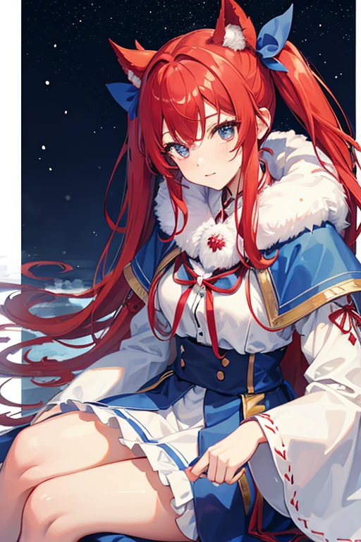 1 female、Red-haired twin tails(Blue ribbon)、Sit and cross your legs、princess、Wizard、Wizardの杖、background(Snowy mountain in a snowstorm)、Angle looking down from the front、High definition、highest quality、Mature face、Haughty expression、Look up angle、Sitting on the corpse of a beast