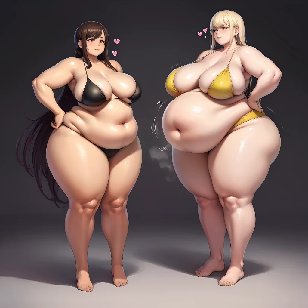 A young woman in a bikini, massive bloated overstuffed heavy protruding bulging obese belly, hyper massive fat tall wide round heart shaped bubble butt, wide fat hips, massive fat round breasts, deep long cleavage, so full it hurts, gurgling belly, sloshing belly, distended belly, churning belly, it hurts being so full but it feel so good, squishy belly, bellies squished together, squished together, shes upset her friend isnt as fat as her, shes making her obese,