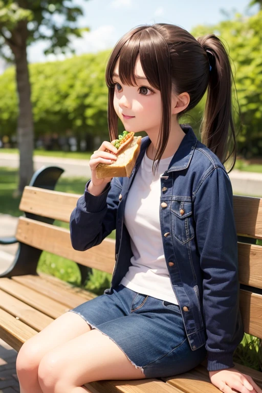 ponytail, A female junior high school student sitting on a bench and eating a sandwich