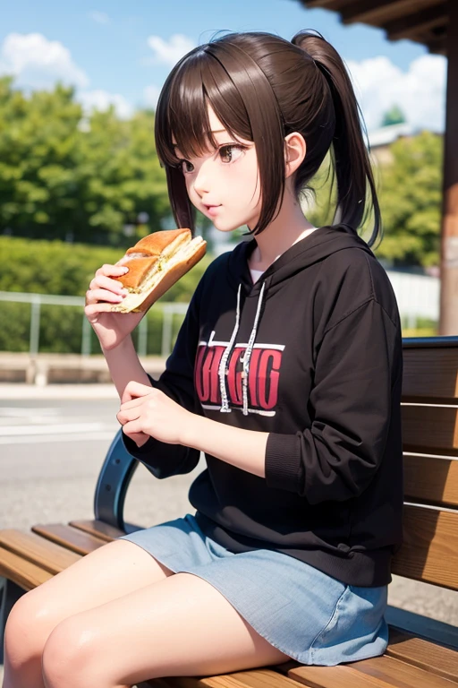 ponytail, A female junior high school student sitting on a bench and eating a sandwich