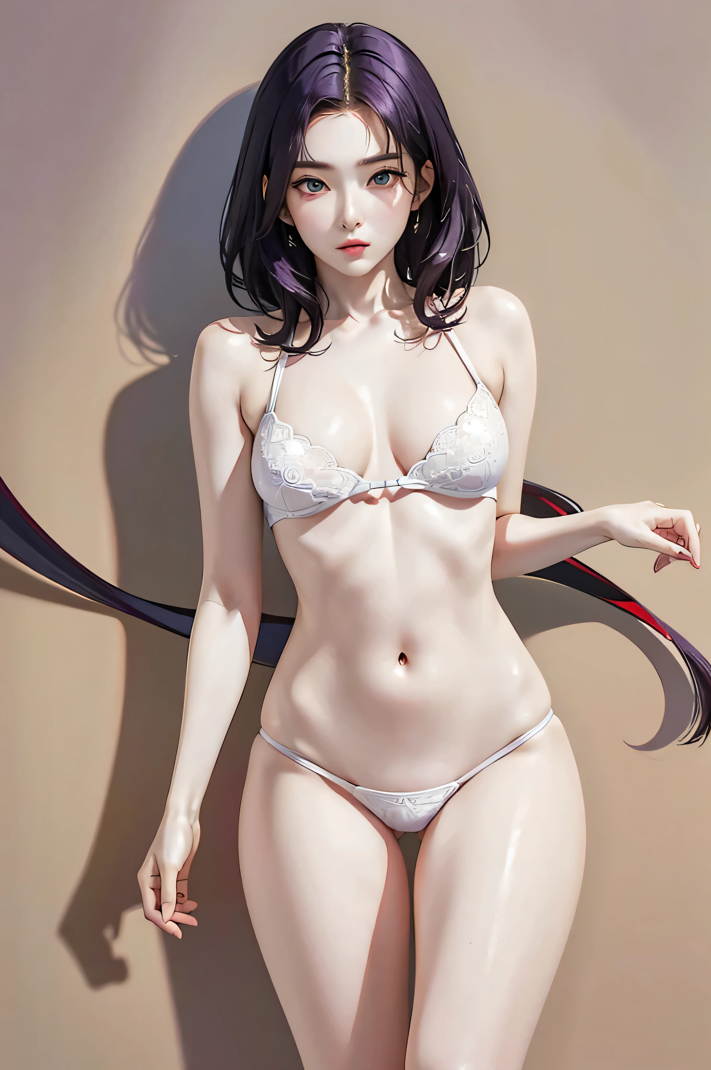 (Finest quality)),(A high resolution),(ultra-detailled art),(Meticulous portrayal),((Best Anime)),(Finest works of art),sharpness,Clear,Ultra-Precision Art,The art of astounding depiction, (Female Ninja in the Dark:1.3), 

short Hair, purple hair, vibrant purple hair, extremely detailed hair, detailed bangs, with bangs, short hair only,
pretty face, beautiful lips, soft lips,pretty face, close up face,serious face, pretty nose, beautiful nose,
pretty eyes, beautiful eyes, detailed eyes, perfect eyes, green eyes,

korean girl, korean beauty, irene, red velvet irene, 

clear skin, clear skin, white skin, soft skin, slim body, small , detailed body, detailed skin, detailed thighs, show navel, sexy bo show legs, detailed legs,

normal thighs, show navel, 
body suit,
looking at camera,


super low-angle shot, looking down,