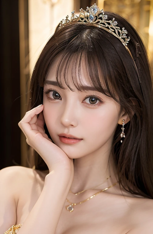 Princess , in castle, high quality, super quality, (detailed face:1.2), , detailed hand ,beautiful woman , golden eyes, long hair , tight gorgeous dress, tiara, necklace , earring , sharpe eyebrow , beautiful bangs are covering her eyes , huge breast ,