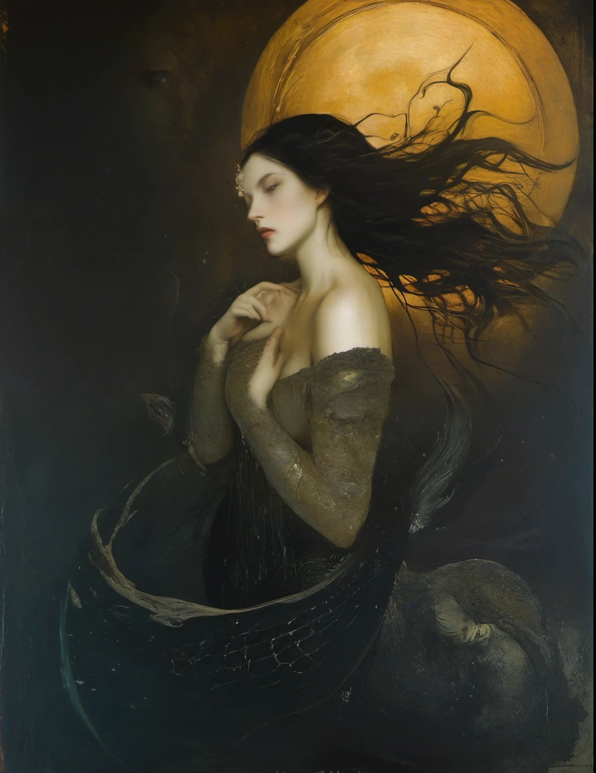 James Gurney, Surrealist art , dream-like, Mysterious, Provocative, symbolic, Complex, detailed,, (Gothic but very beautiful:1.4), (masterpiece, highest quality:1.4) , Nicola Samori Style, Goddess-like mermaid