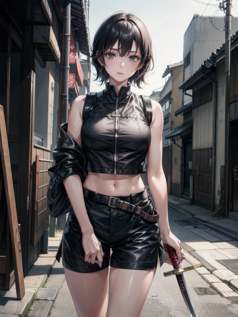 (whole body), japanese sword, Black military uniform, Ladies' military vests, absurdres, RAW photo, extremely delicate and beautiful, masterpiece, Best Quality, ultra high resolution, 32k, hyperrealistic, ultra-detailed, tearful mole, earring, short medium hair, wavy hair, urban backdrop, shorts, midriff,