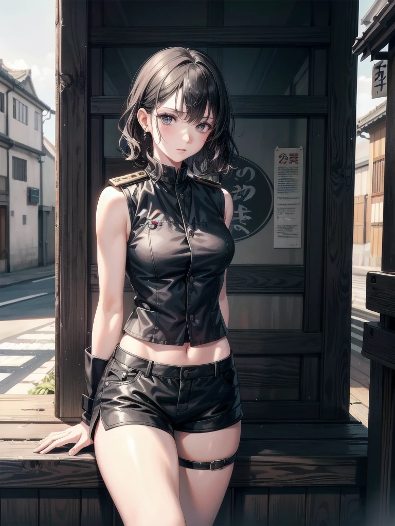 (whole body), japanese sword, Black military uniform, Ladies' military vests, absurdres, RAW photo, extremely delicate and beautiful, masterpiece, Best Quality, ultra high resolution, 32k, hyperrealistic, ultra-detailed, tearful mole, earring, short medium hair, wavy hair, urban backdrop, shorts, midriff,