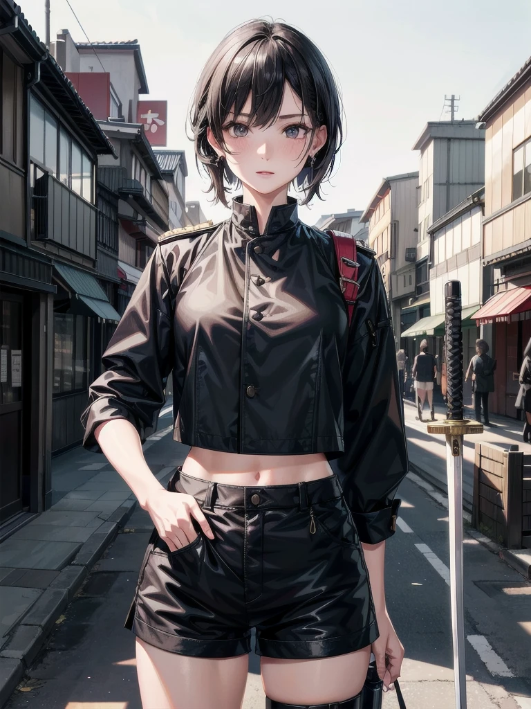 (whole body), japanese sword, Black military uniform, Ladies' military vests, absurdres, RAW photo, extremely delicate and beautiful, masterpiece, Best Quality, ultra high resolution, 32k, hyperrealistic, ultra-detailed, tearful mole, earring, short medium hair, wavy hair, urban backdrop, shorts, midriff,