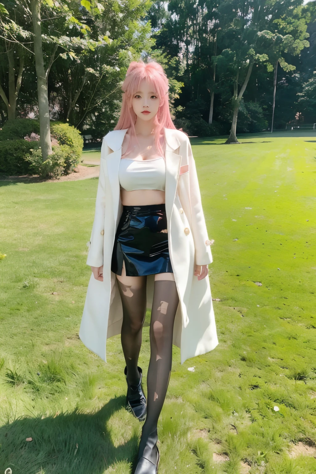 Beautiful woman with perfect body:1.4,Layered Hairstyle,Prominent cleavage,Highly detailed face and skin textures,Double eyelids,Skin Whitening,Long hair,Whitened long legs,Pink Hair,(Black coat,miniskirt,Black pantyhose)Standing on the grass