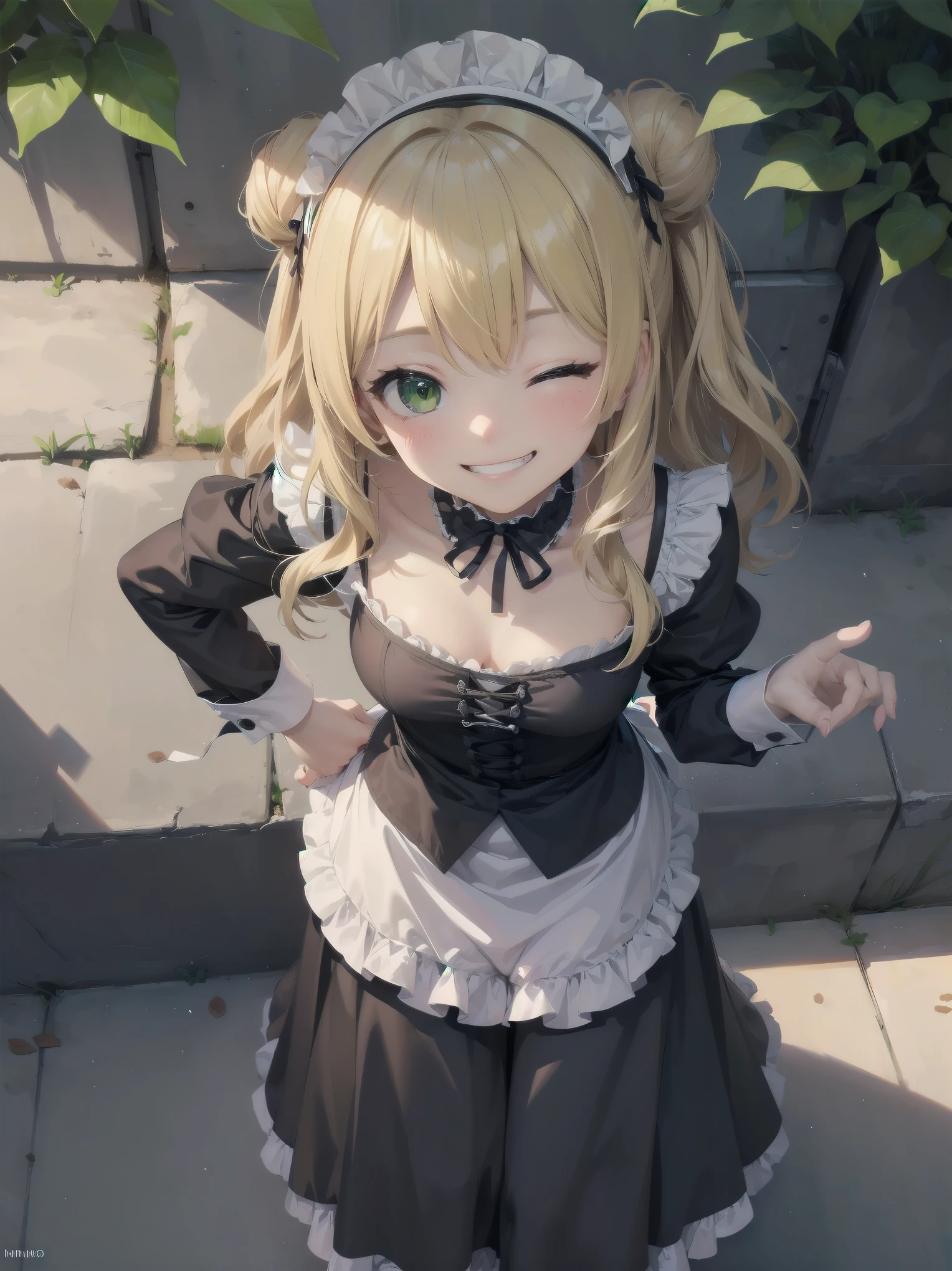 Masterpiece, Top Quality, One Girl, Solo, (Masterpiece: 1.2), (Top Quality: 1.2), Perfect eyes, perfect face, perfect lighting, sunlight, outdoors, marquis mansion, one girl, blonde hair, yellow-green eyes, one eye closed, (((wavy hair))), bun head, medium hair, ((gothic maid)), Cute eyes, closed mouth, ((from above)), ((front)), ((open legs)), ((grin)), cute pose.