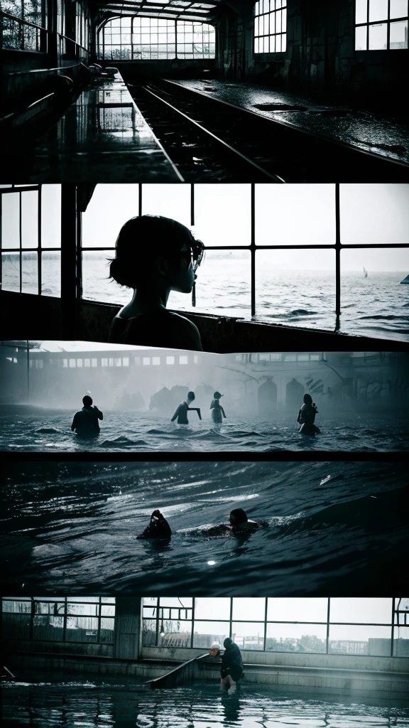 In the water,subway,moss,Showa,Collapse,Devastation,Inside the ruins,Glasses,Women,adventure,Black and White,