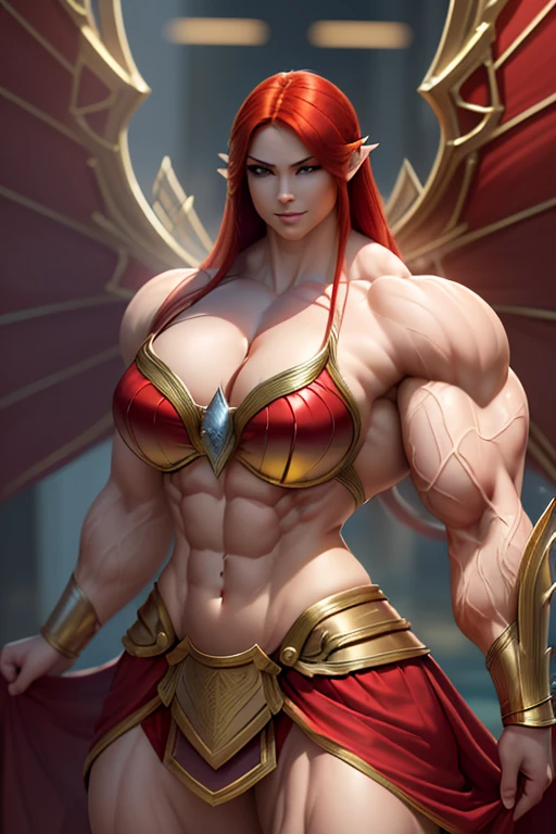 (((((Massive, tall, beautiful, buff, muscular pale white skinned Asian female Amazon warrior with red hair, ginormous bulky muscles, huge wings and wearing an all red gleaming amazon armor and pleated skirt))))), (close view), black eyeliner, massive muscles, massive biceps, hyper muscle triceps, (long hair), yellow eyes, amazon boots, In the Amazon, huge wings, armor breastplate, nighttime, confident smile, (hyper muscles arms), hyper muscle legs, (ginormous arms), 