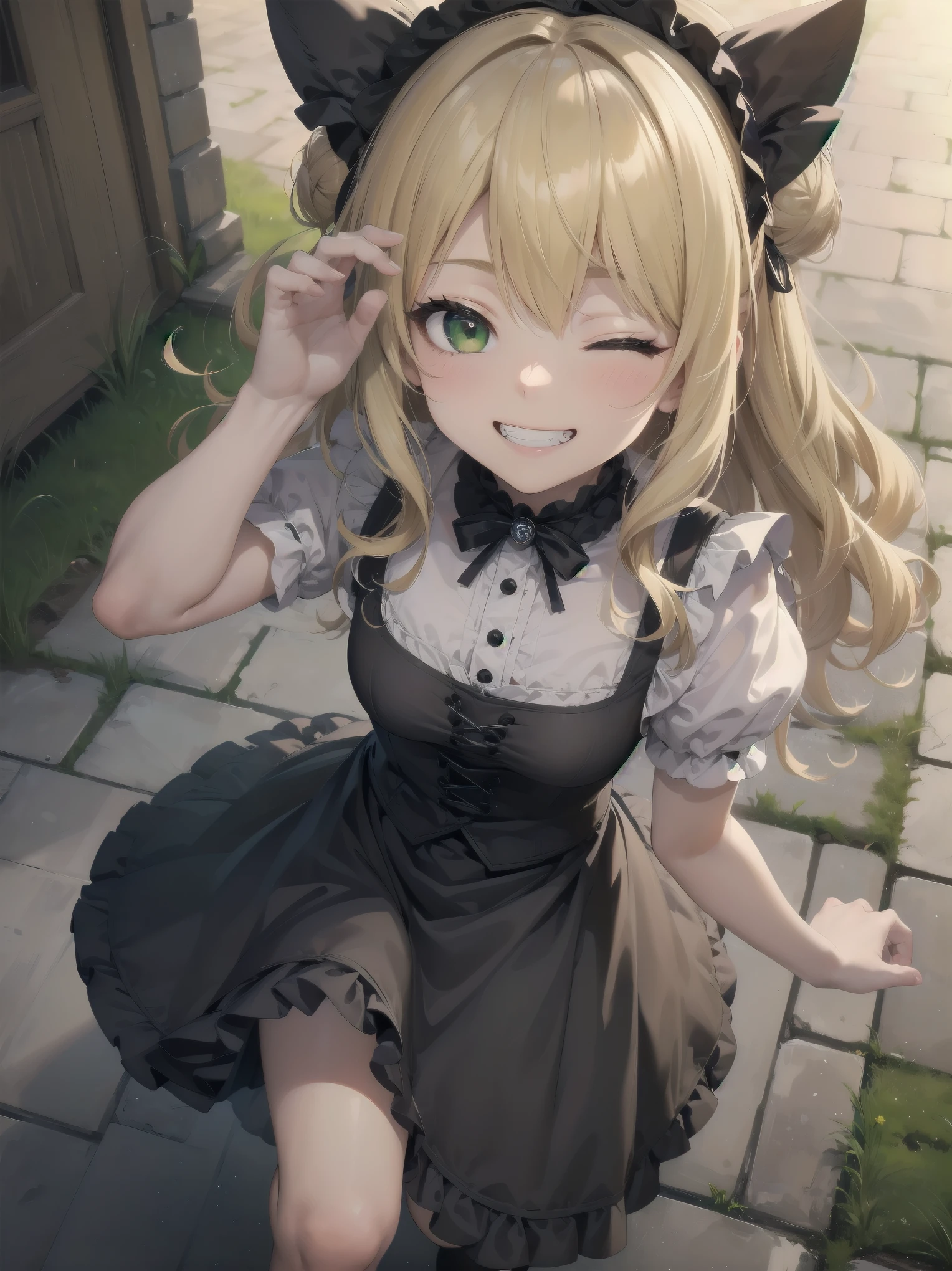 Masterpiece, Top Quality, One Girl, Solo, (Masterpiece: 1.2), (Top Quality: 1.2), Perfect eyes, perfect face, perfect lighting, sunlight, outdoors, marquis mansion, one girl, blonde hair, yellow-green eyes, one eye closed, (((wavy hair))), bun head, medium hair, ((gothic maid)), Cute eyes, closed mouth, ((from above)), ((front)), ((open legs)), ((grin)), cute pose.
