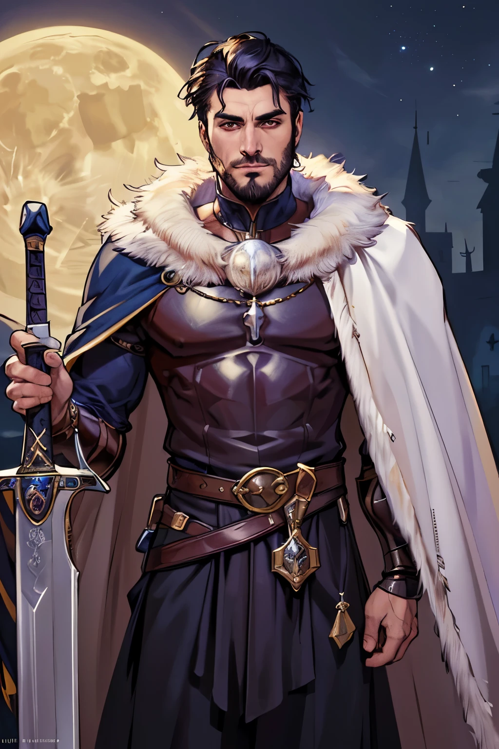 (masterpiece:1.1)(best quality,4k,8k,highres,masterpiece:1.2),ultra-detailed,(original design:1.1),(unique accessories:1.1),(medieval fantasy:1.1),professionally retouched,(close-up:1.1),portrait,night, raytracing, moon light,(male:1.1) male RPG character, sword on back, fur cape