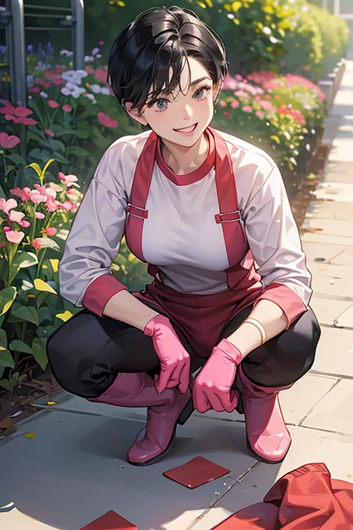 A short-haired, muscular mature woman with black hair and a red long-sleeved, long-pants gym uniform, wearing pink long rubber gloves and white rubber boots, and smiling gently as she weeds the schoolyard.