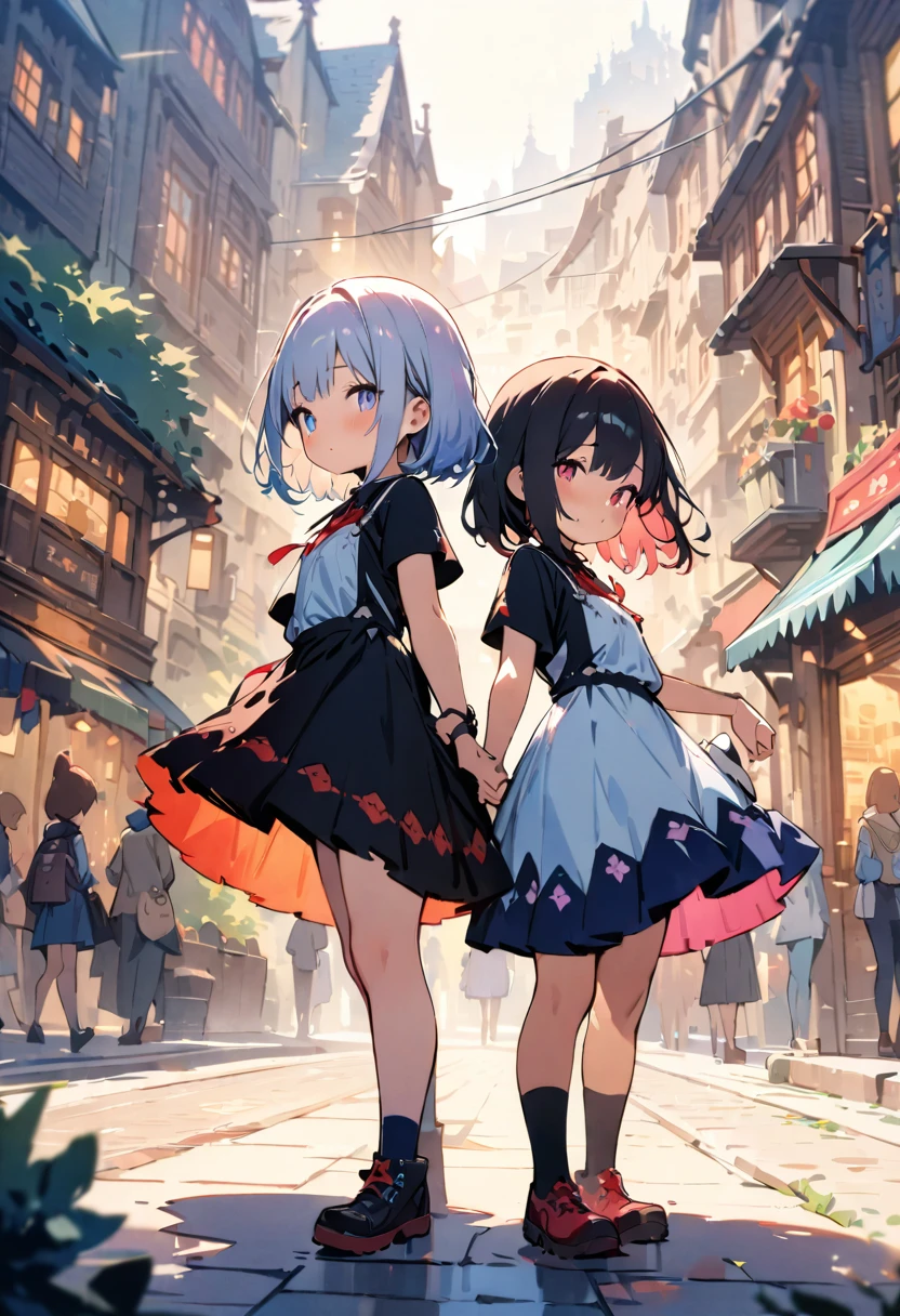 (masterpiece, best quality, highly detailed, absurdres:1.3), (2girl, cute, charming, detailed beautiful face:1.3), 2girl, back to back, buddy, (fantastic illustration, beautiful detail, best quality, top quality, fain touch outline:1.3), watercolor, background city town, lighting, tangle, beautiful detail, tangle, cute illustration, clear