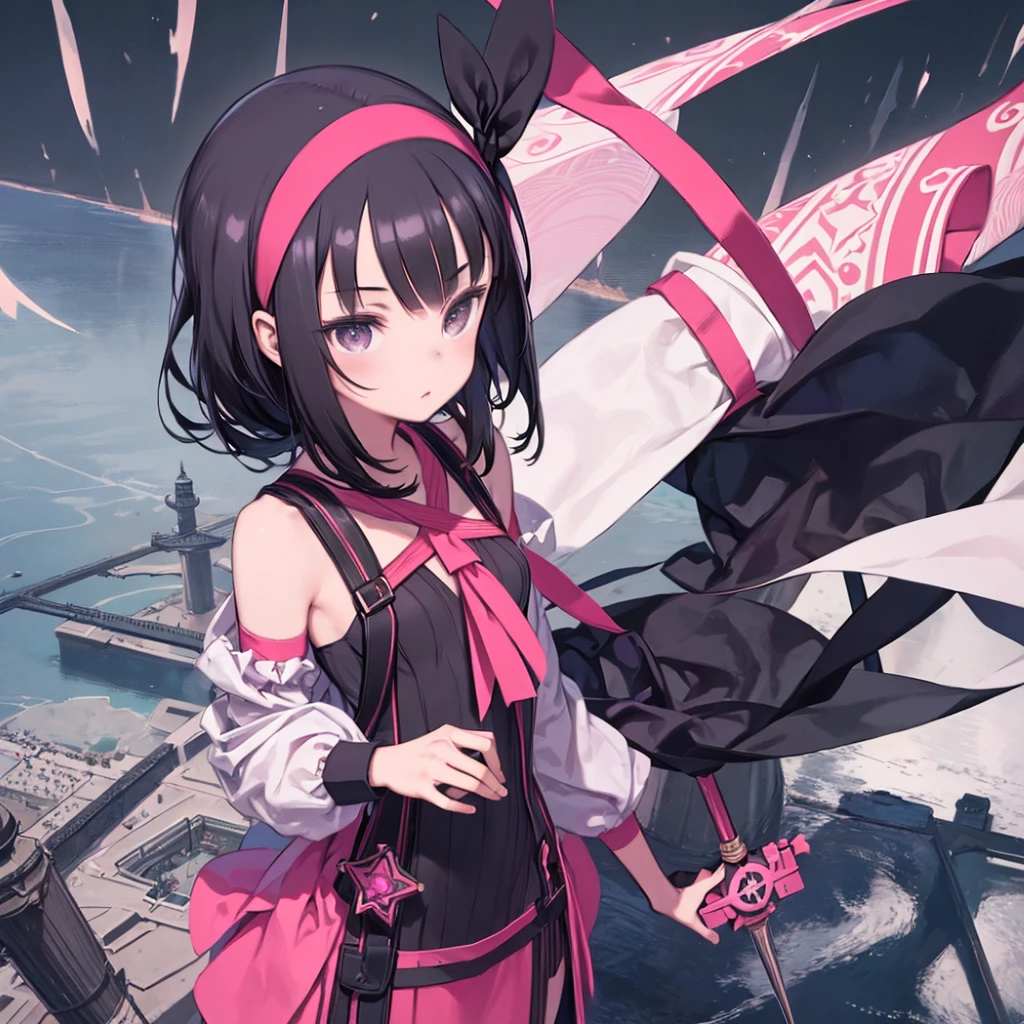 Dress up, Surrealist, Rescue, Hilma af Clint Style, A girl with long, straight black hair, pink ribbon headband, Compass in left hand, gun,
