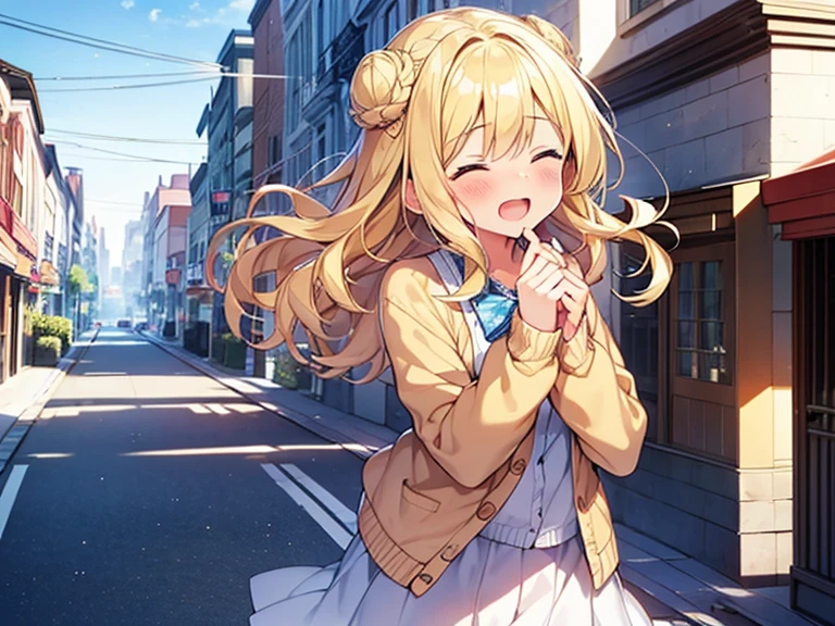 Top quality, 1 beautiful woman, junior high school student, Blonde, Medium Hair, Wavy Hair, single Bun Hair, Hair blowing in the wind, standard weight, augh with open mouth, closed eyes , blush, Cardigan, frill skirt, beautiful scene of main street