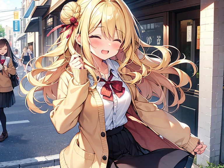 Top quality, 1 beautiful woman, junior high school student, Blonde, Medium Hair, Wavy Hair, single Bun Hair, Hair blowing in the wind, standard weight, augh with open mouth, closed eyes , blush, Cardigan, frill skirt, beautiful scene of main street