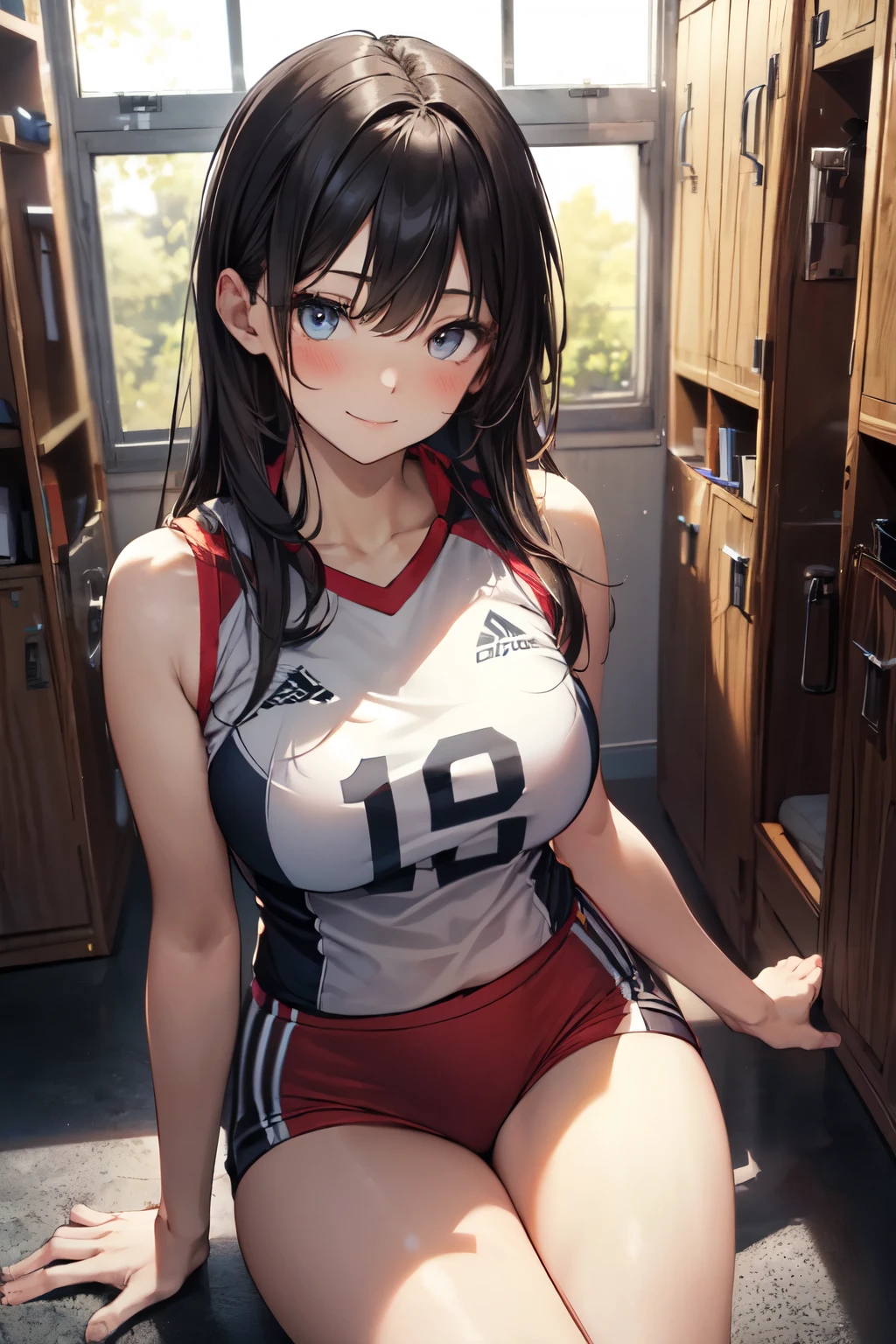 very cute and beautiful girl,(highly detailed beautiful face and eyes),(smile),blush,embarrassed,looking at viewer,
buruma,volleyball uniform,white color jersey,sleeveless,
glamour and elegant pose,detailed legs,locker room in training gym,black hair,
(best quality,masterpiece),absurdres,highres,ultra-detailed,extremely detailed,32k,8k resolution,
intricate details,cinematic scene,detailed background,solo,dynamic angle,(realistic),