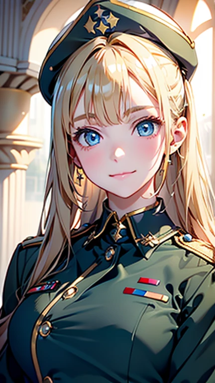 Best quality , masterpiece, Portrait、、Bright expression、ponytail、Young, shiny, white, glossy skin、Gloss Face、Shining Cheek Gloss、Small Face Beauty、The best beauty、The dazzling light of blonde hair、Bright blonde hair with dazzling highlights、Very beautiful shiny light blonde hair、super long silky straight hair、Her shiny, beautiful bangs are covering her eyes.、Sparkling, clear, attractive, bright, large, pale blue eyes、Very big eyes、eyeliner、very beautiful lovely cute 16 year old girl、Ample Bust, full body , smile , ((((army uniform ))))