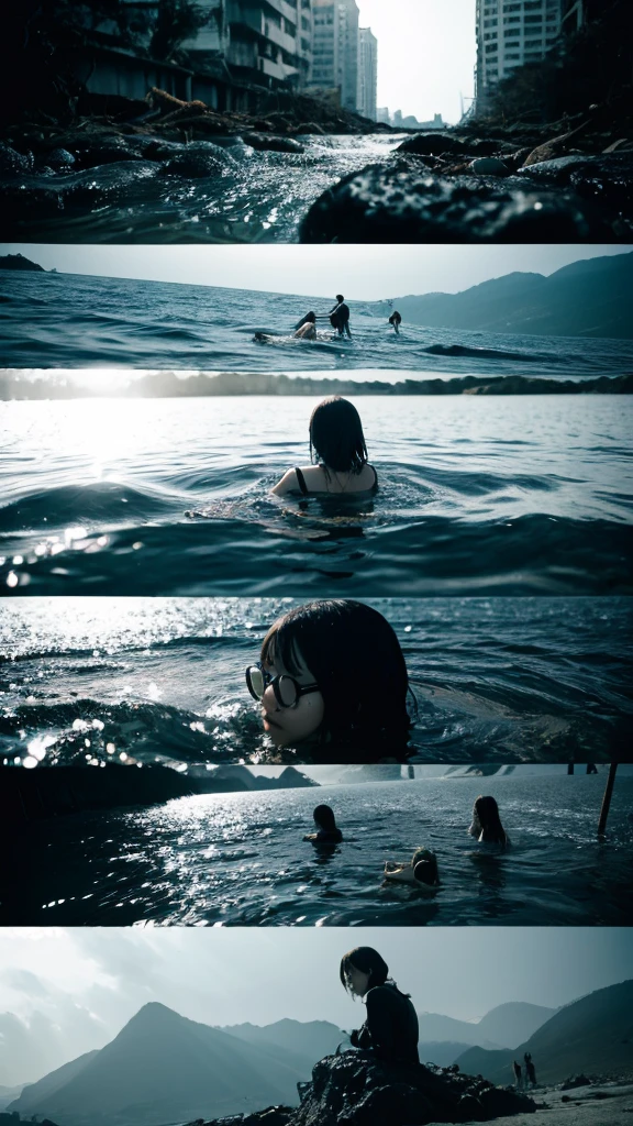 In the water,moss,Showa,Collapse,Devastation,Inside the ruins,Glasses,Women,adventure,Black and White,