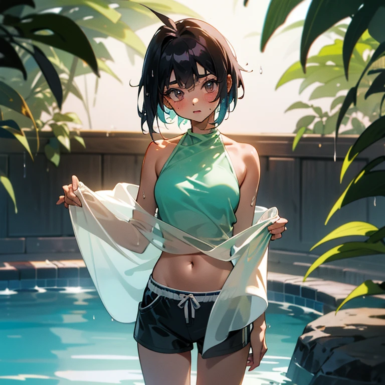 Cool girl、Boyish Girl、Sporty、tits、Wet and transparent、Wet, see-through clothes、Her halter neck camisole is wet and her underwear is visible、Navel Reveal Style、I have a towel、Wet、oil、slimy、Pixie Cut、black hair color、Shorts、
、high school girl、Gal、Dark brown skin、garden、Pool、tall、Slender beauty、Curved waist、Beautiful clavicle、