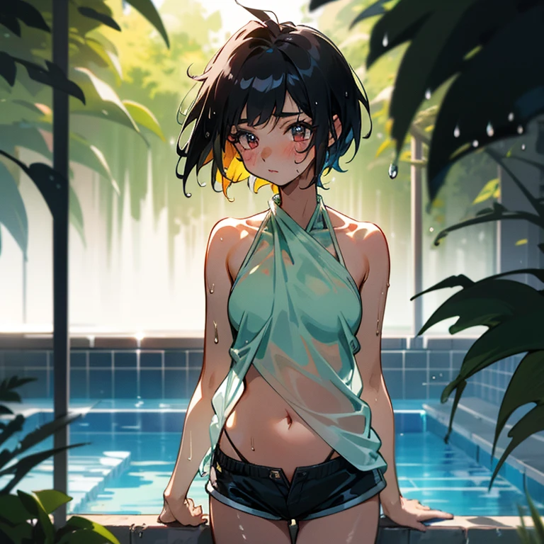 Cool girl、Boyish Girl、Sporty、tits、Wet and transparent、Wet, see-through clothes、Her halter neck camisole is wet and her underwear is visible、Navel Reveal Style、I have a towel、Wet、oil、slimy、Pixie Cut、black hair color、Shorts、
、high school girl、Gal、Dark brown skin、garden、Pool、tall、Slender beauty、Curved waist、Beautiful clavicle、