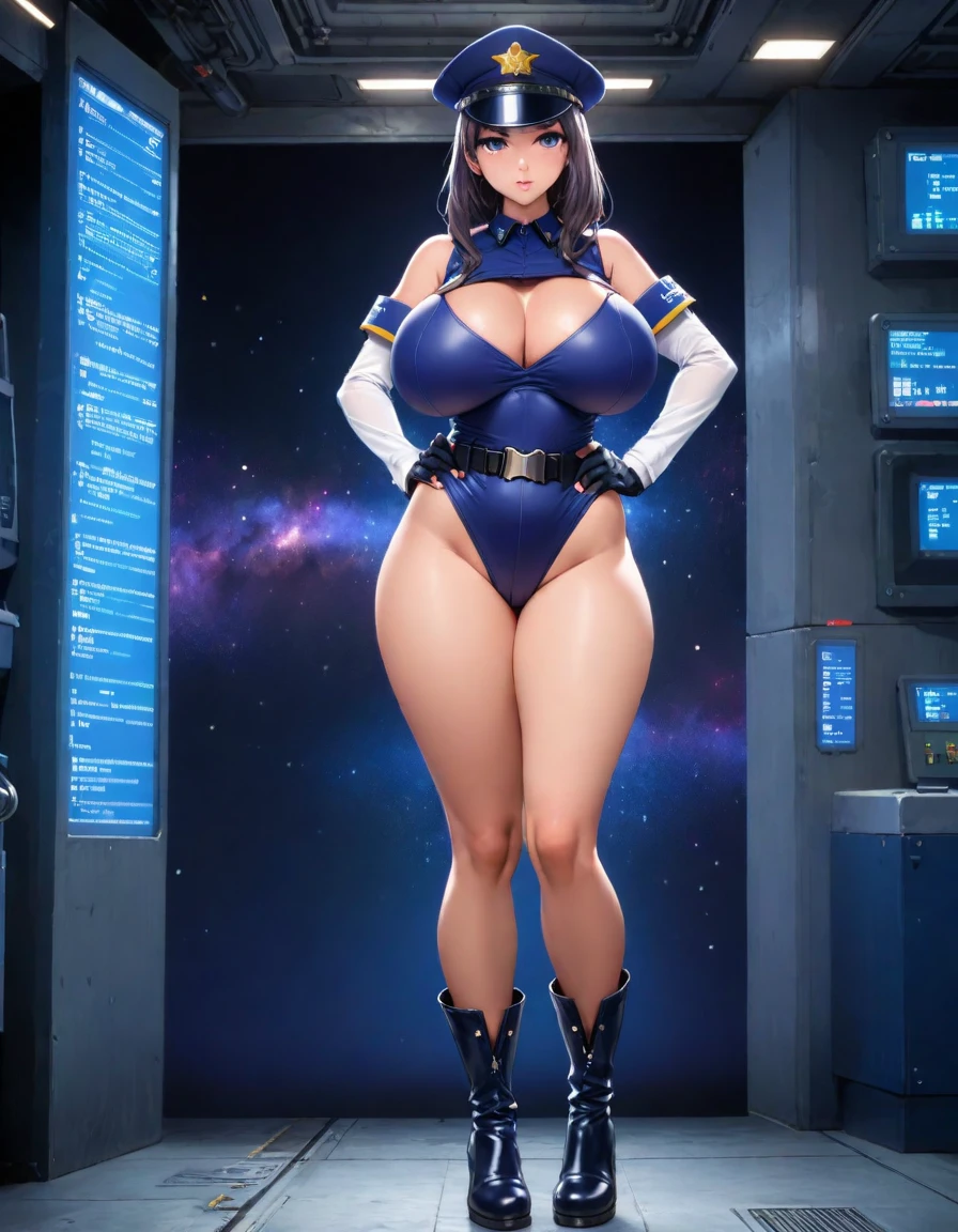 (masterpiece), (best quality), (high res),1girl, tall body, beautiful detailed eyes, beautiful detailed face, cute face, perfect hands, complete fingers, perfect anatomy, perfect proportions, ((hat, dark blue police hat)), ((leotard, matching leotard, bare legs)), ((boots, matching boots)), gigantic breasts, long stockings with garters, fingerless gloves, (full body portrait), looking at viewer, solo, solo focus, standing, police uniform, cowboy shot, space station backdrop, indoors, (belt, tight belt), (armbands, white sleeves), full body costume design. 