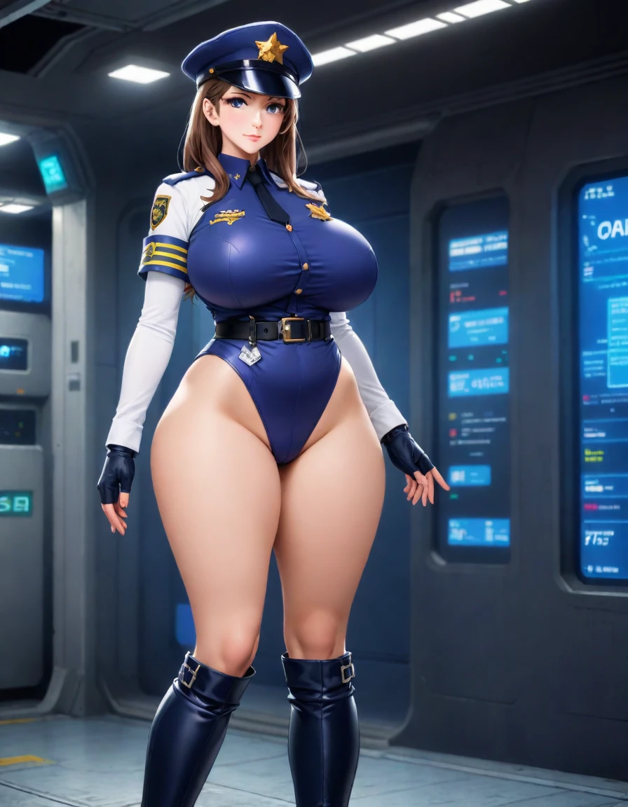 (masterpiece), (best quality), (high res),1girl, tall body, beautiful detailed eyes, beautiful detailed face, cute face, perfect hands, complete fingers, perfect anatomy, perfect proportions, ((hat, dark blue police hat)), ((leotard, matching leotard, bare legs)), ((boots, matching boots)), gigantic breasts, long stockings with garters, fingerless gloves, (full body portrait), looking at viewer, solo, solo focus, standing, police uniform, cowboy shot, space station backdrop, indoors, (belt, tight belt), (armbands, white sleeves), full body costume design. 