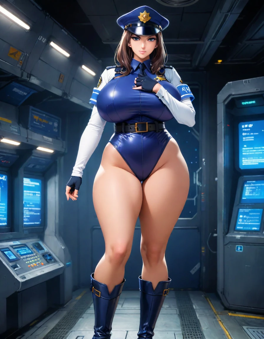 (masterpiece), (best quality), (high res),1girl, tall body, beautiful detailed eyes, beautiful detailed face, cute face, perfect hands, complete fingers, perfect anatomy, perfect proportions, ((hat, dark blue police hat)), ((leotard, matching leotard, bare legs)), ((boots, matching boots)), gigantic breasts, long stockings with garters, fingerless gloves, (full body portrait), looking at viewer, solo, solo focus, standing, police uniform, cowboy shot, space station backdrop, indoors, (belt, tight belt), (armbands, white sleeves), full body costume design.
