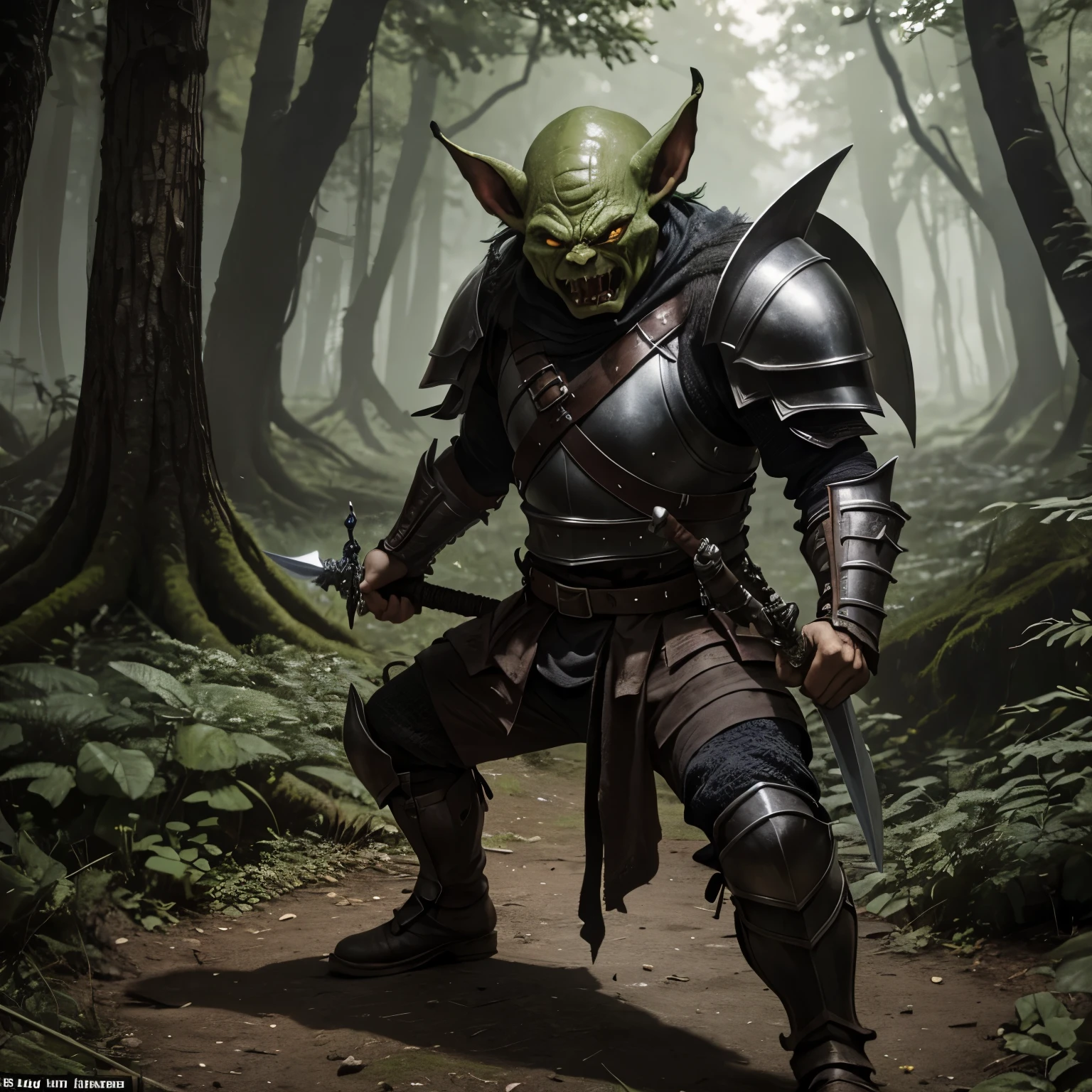 A goblin armed with a short sword and wearing leather armor, he appears to be very angry, he is in a forest
