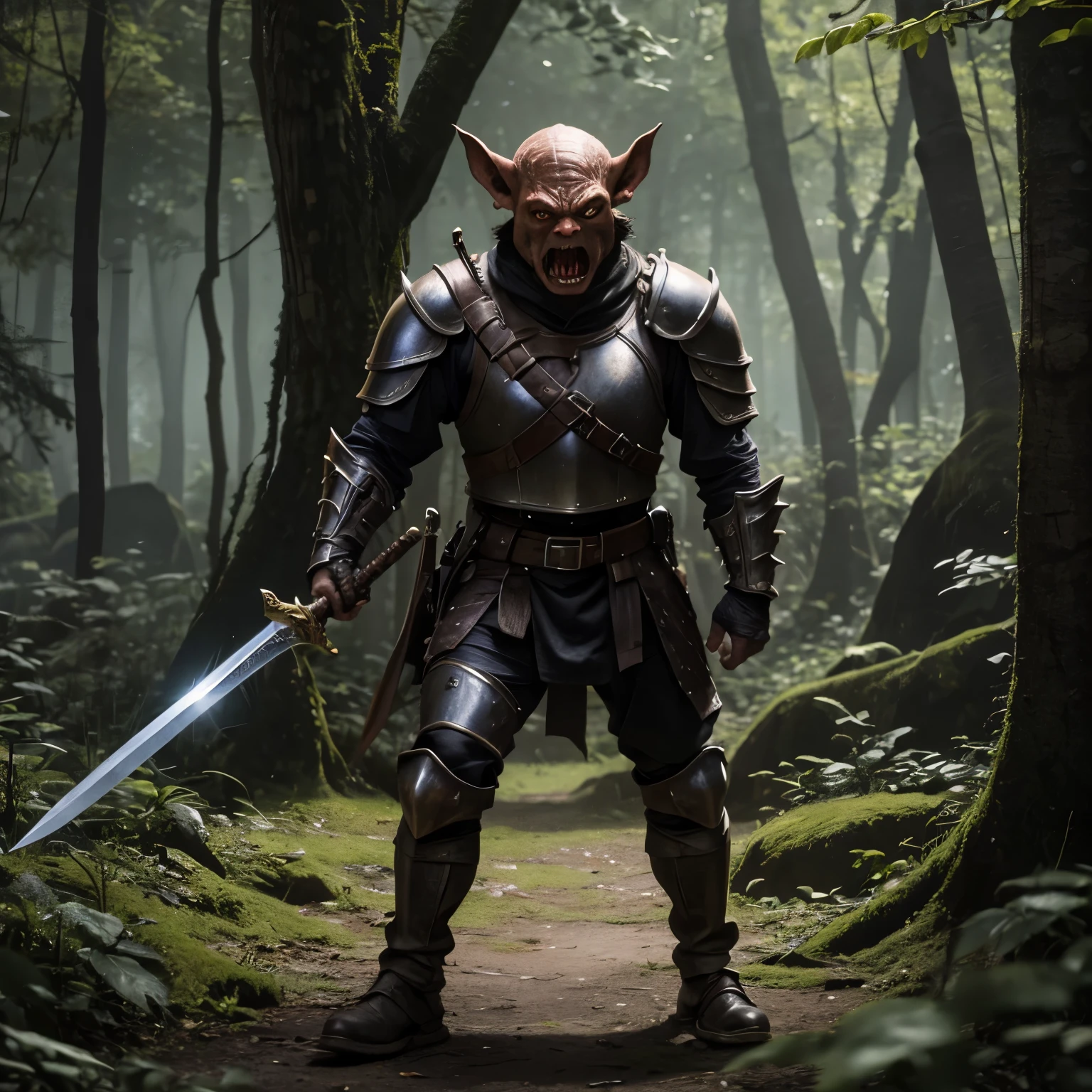 A goblin armed with a short sword and wearing leather armor, he appears to be very angry, he is in a forest