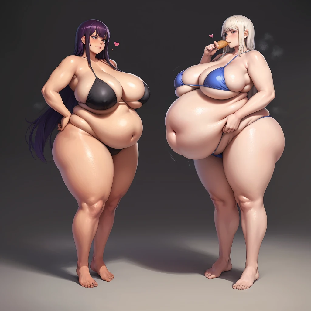 A young woman in a bikini, massive bloated overstuffed heavy protruding bulging obese belly, hyper massive fat tall wide round heart shaped bubble butt, wide fat hips, massive fat round breasts, deep long cleavage, so full it hurts, gurgling belly, sloshing belly, distended belly, churning belly, it hurts being so full but it feel so good, squishy belly, bellies squished together, breasts squished together, they cant stop eating, they keep eating even though they’re so overstuffed, red skin on belly, extremely painfully overstuffed bloated bulging bellies,