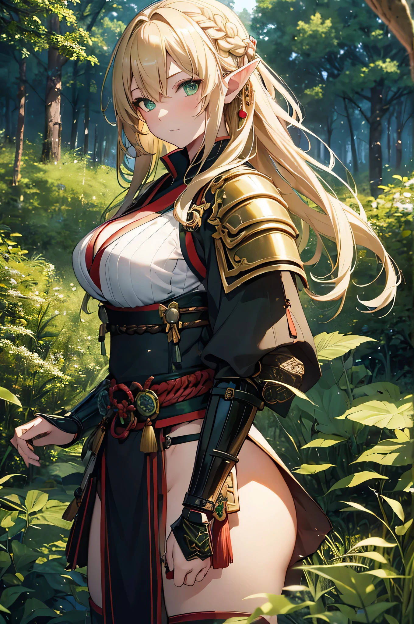 4k,High resolution,One Woman,Elf,Blonde,long hair,Braid,Green Eyes,Big Breasts,samurai,White samurai armor,Full Armor,Heavy Armor,Jewelry decoration,Big Japan sword,in the forest