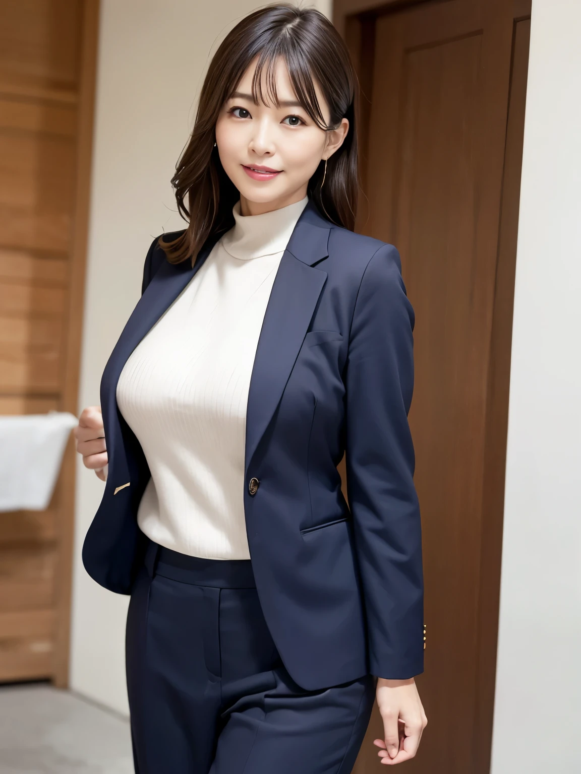 50-year-old woman、Japanese、Classy sex appeal、sexy、Transparent skin、Perfect Lighting、Beauty、Radiant Skin、Transparent beauty、8K High Resolution、Beauty in natural light、High resolution、Photorealistic、Fair skin、Masterpiece、Moist eyes、Saggy udder、Gravure quality、smile、Building district、Back view、office lady、Wearing a business suit、walking、pants suit、