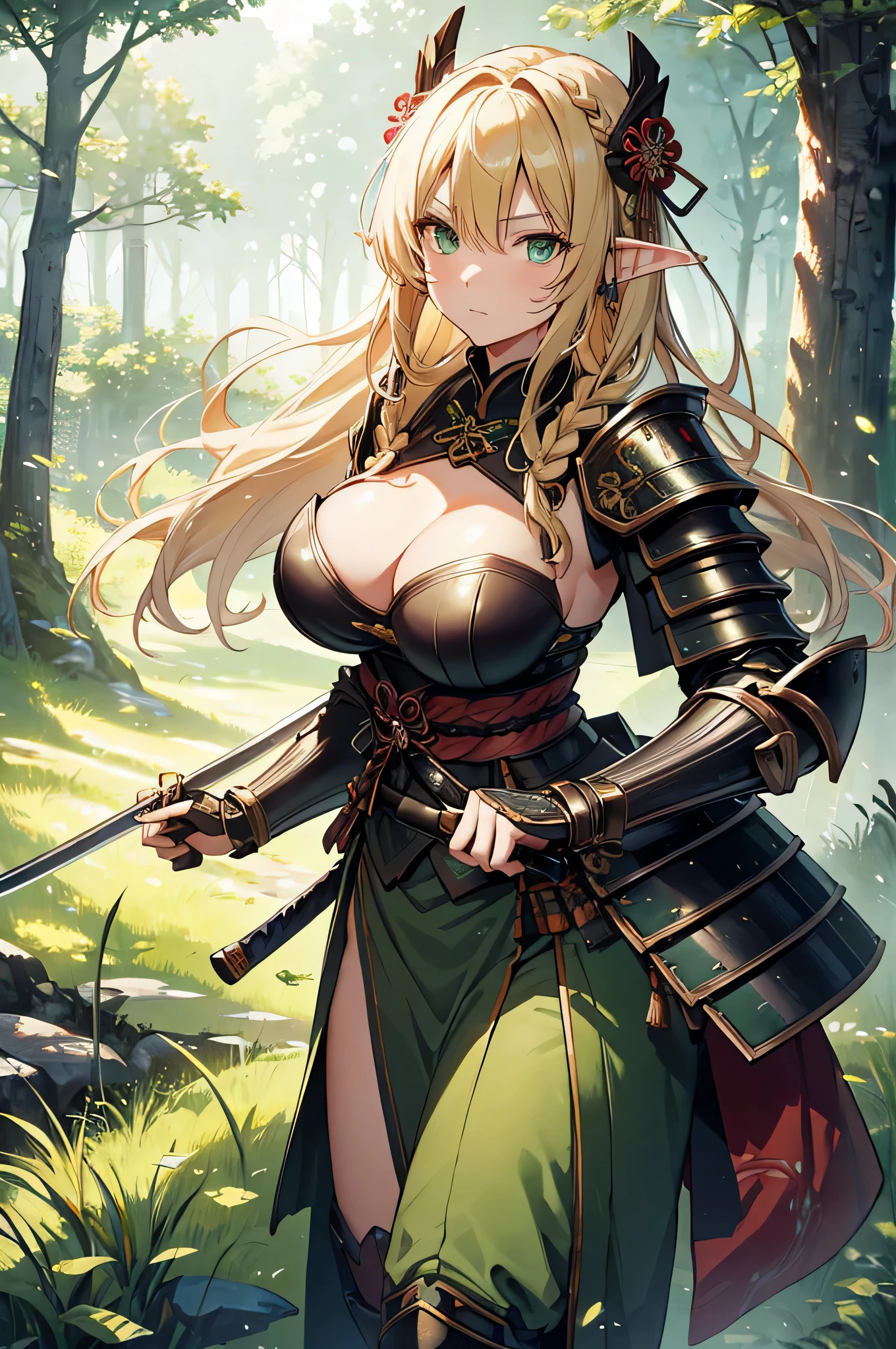 4k,High resolution,One Woman,Elf,Blonde,long hair,Braid,Green Eyes,Big Breasts,samurai,White samurai armor,Full Armor,Heavy Armor,Jewelry decoration,Big Japan sword,in the forest