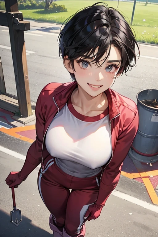 A short-haired, black-haired, muscular mature woman wearing a red long-sleeved, long-pants gym uniform, pink long gloves and white rubber boots, picking up trash in the schoolyard while smiling gently