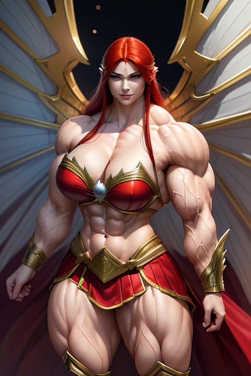 (((((Massive, tall, beautiful, buff, muscular pale white skinned Asian female Amazon warrior with red hair, ginormous bulky muscles, huge wings and wearing an all red gleaming amazon armor and pleated skirt))))), (close view), black eyeliner, massive muscles, massive biceps, hyper muscle triceps, (long hair), yellow eyes, amazon boots, In the Amazon, huge wings, armor breastplate, nighttime, confident smile, (hyper muscles arms), hyper muscle legs, (ginormous arms),